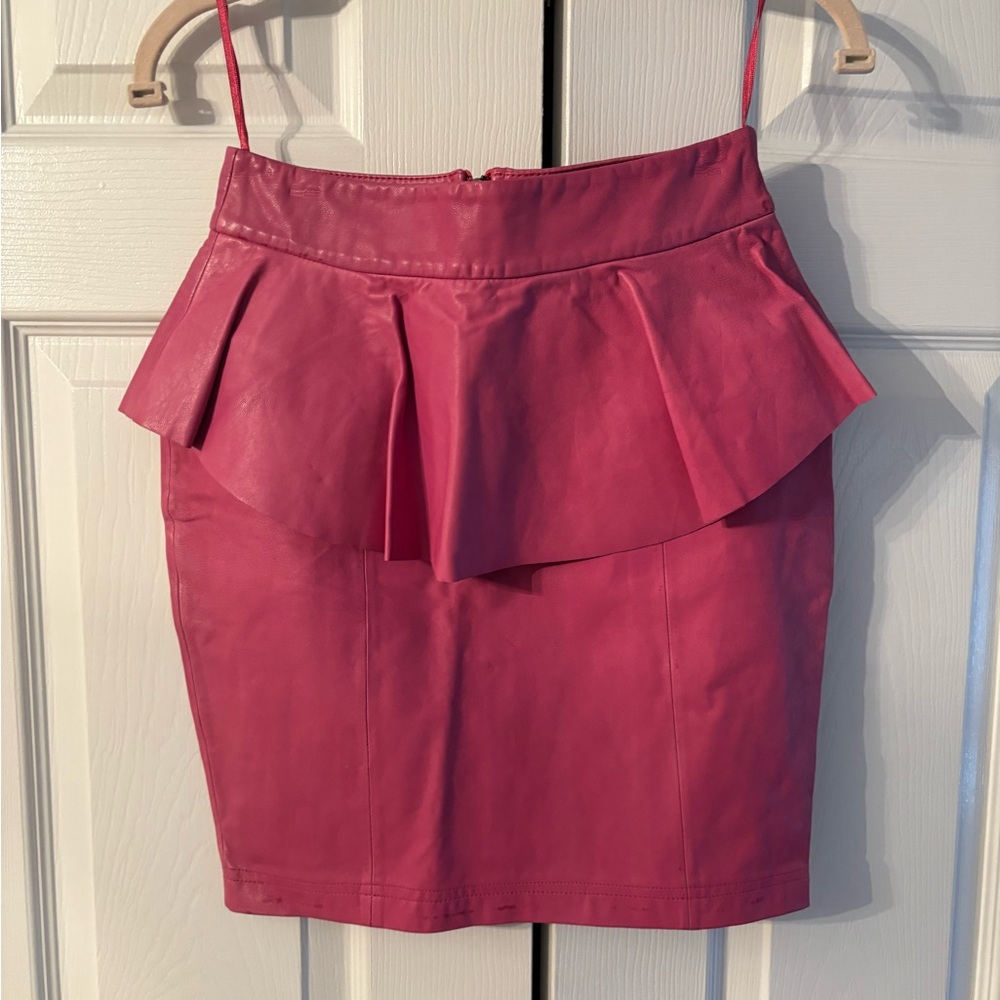 Torn by Ronny Kobo Pink Leather Peplum Pencil Skirt